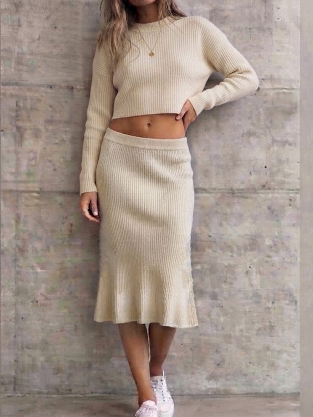 Emma + James Ribbed Knit Midi Skirt Cream Gold Size Large